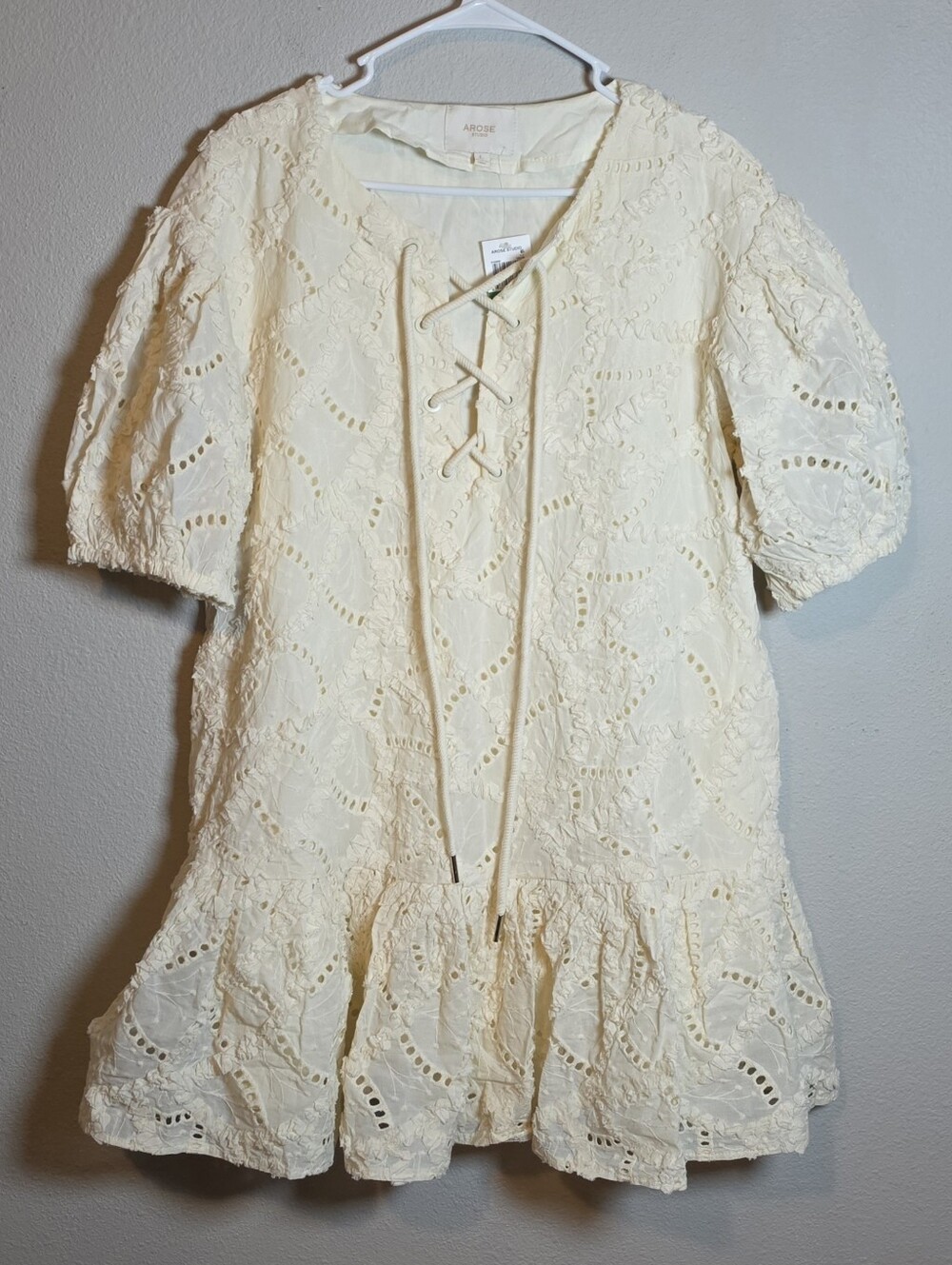 NWT AROSE STUDIO Maia Cotton Eyelet Lace Mini Dress Large Ivory Boho Cottagecore - Picture 3 of 11